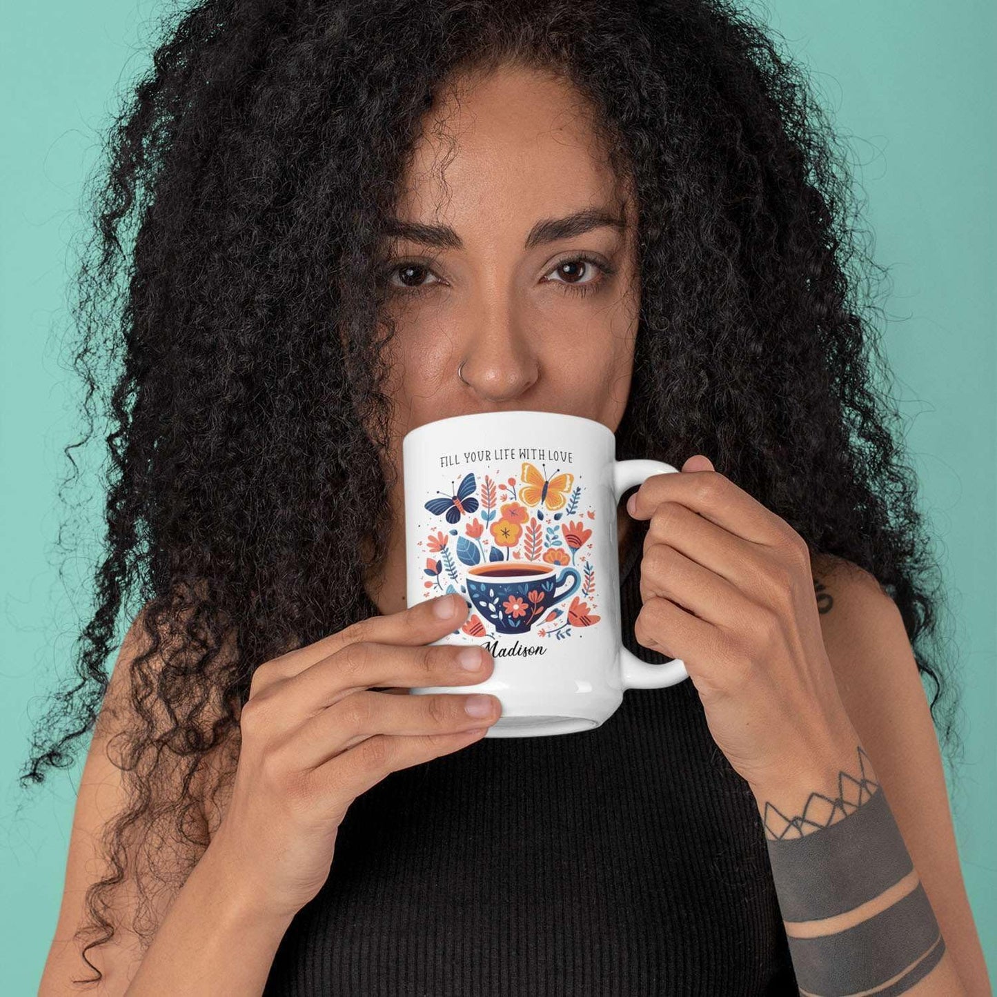 Great Personalized Name On Fill Your Life With Love Travel Mug, Customized White Ceramic Animal Cup Gift For Friends, Custom Butterfly Coffee Mug On Special Occasions 11oz 15oz