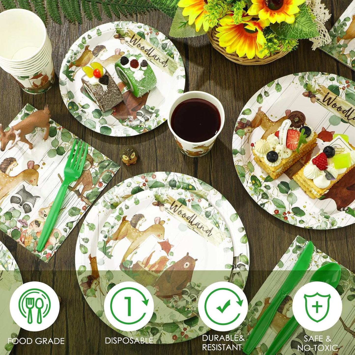 Dandat 350 Pcs Baby Shower Plates Set Baby Shower Party Supplies Serves 50 Tableware Sets Include Plates Napkin Cup Forks Knives Spoons Disposable Dinnerware(Woodland,Green)