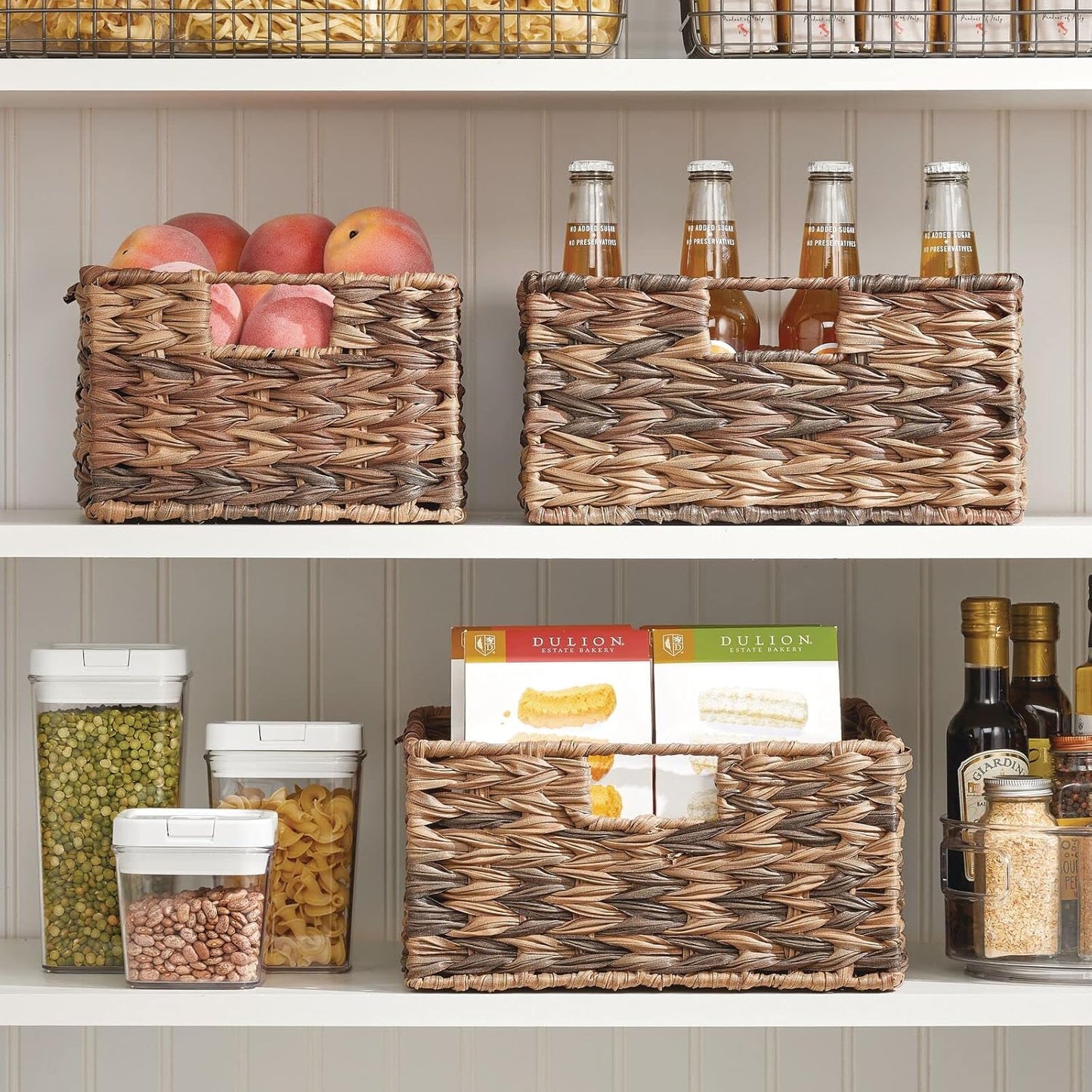 mDesign Woven Farmhouse Kitchen Pantry Food Storage Organizer Basket Bin Box - Container Organization for Cabinets, Cupboards, Shelves, Countertops - Store Potatoes, Onions, Fruit, 6 Pack, Brown Ombre