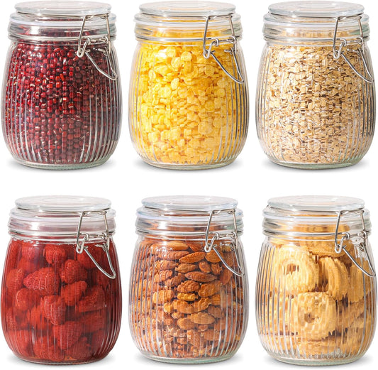 ComSaf Airtight Glass jar with lid 25oz Set of 6, Glass Storage Containers with Lids, Glass Canister, Mason Jars, Striped Clip Fastening Jar for Kitchen Canning, Oat, Coffee, Pasta, Snack, Nut, Candy