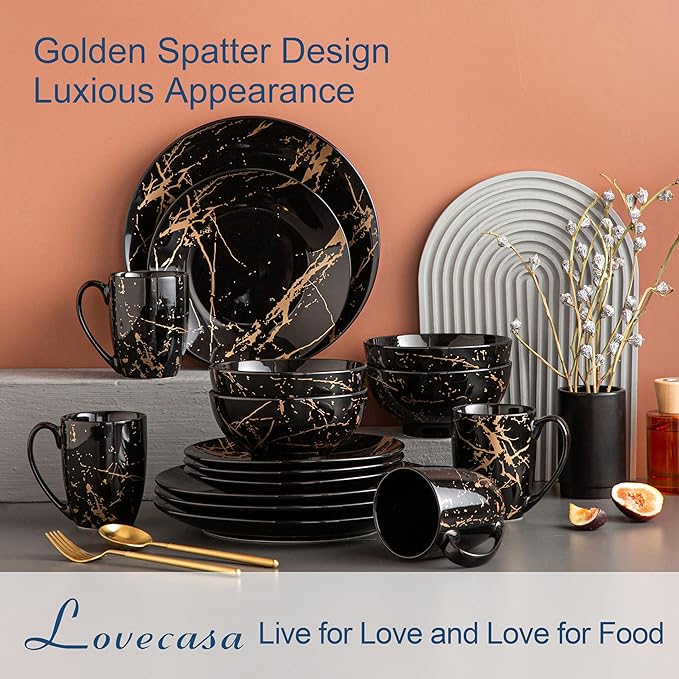 LOVECASA Black Plates and Bowls Sets for 4, Porcelain Dinnerware Sets 16 Piece Gold Splash Glaze Ceramic Dish Set, Round Dinner Set with Mugs, Dishwasher Microwave Safe