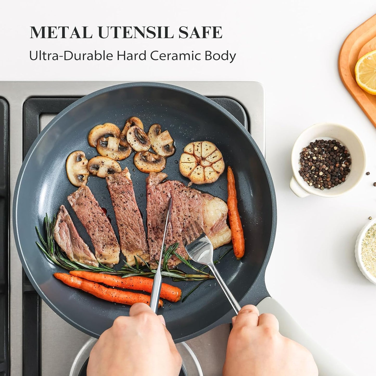 PRICUSIS Nonstick Ceramic Frying Pan, Skillet with Stay Cool Handle, Egg & Omelet & Chef's Pan, Induction Compatible & Oven Safe, Dishwasher Safe, PTFE PFAS & PFOA Free (10+12 Inch)