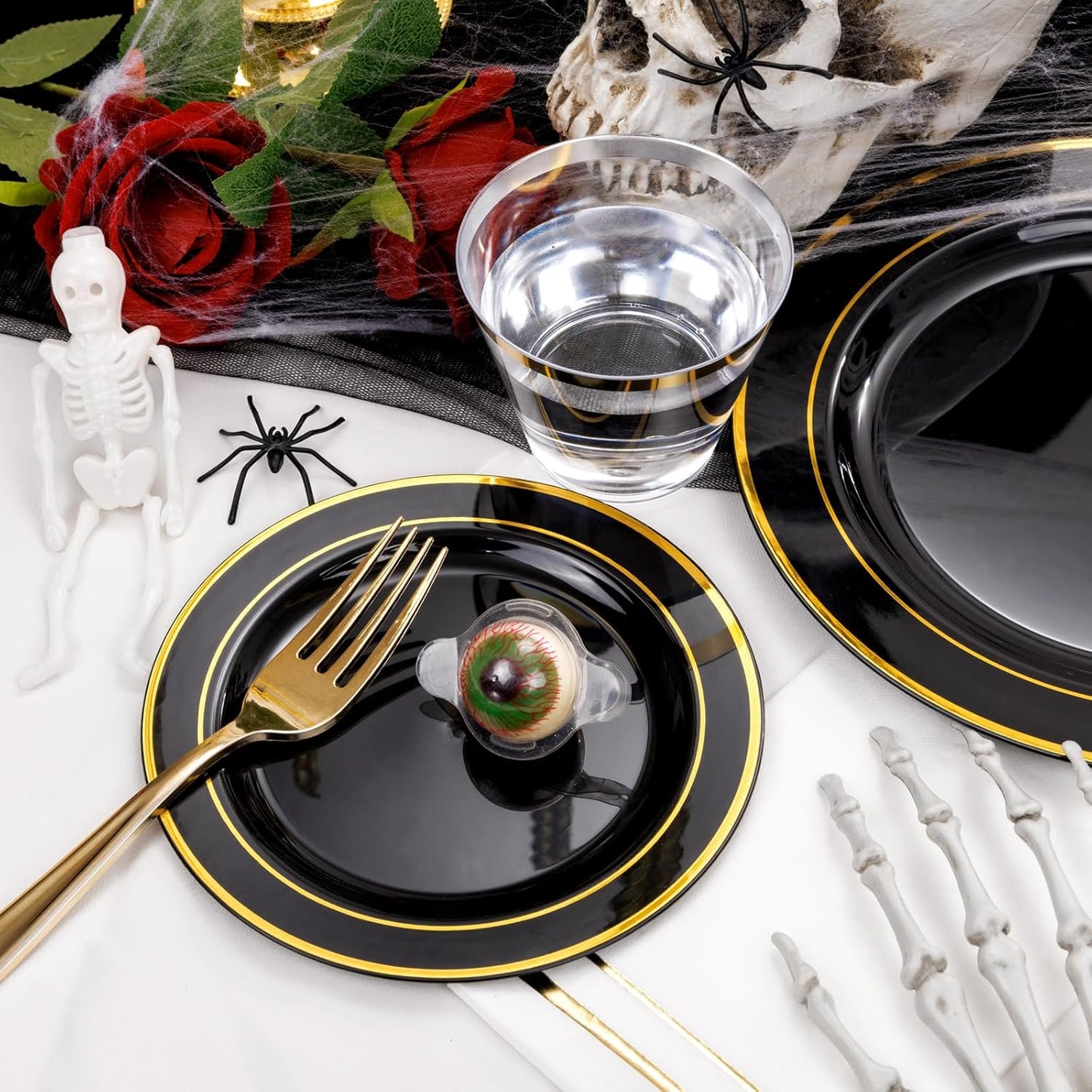 GATHER 350PCS Black Plastic Plates - Disposable Dinnerware Set Include 100PCS Black and Gold Plastic Plates, 150 Silverware, 50 Napkins, 50 Cups for Halloween Party