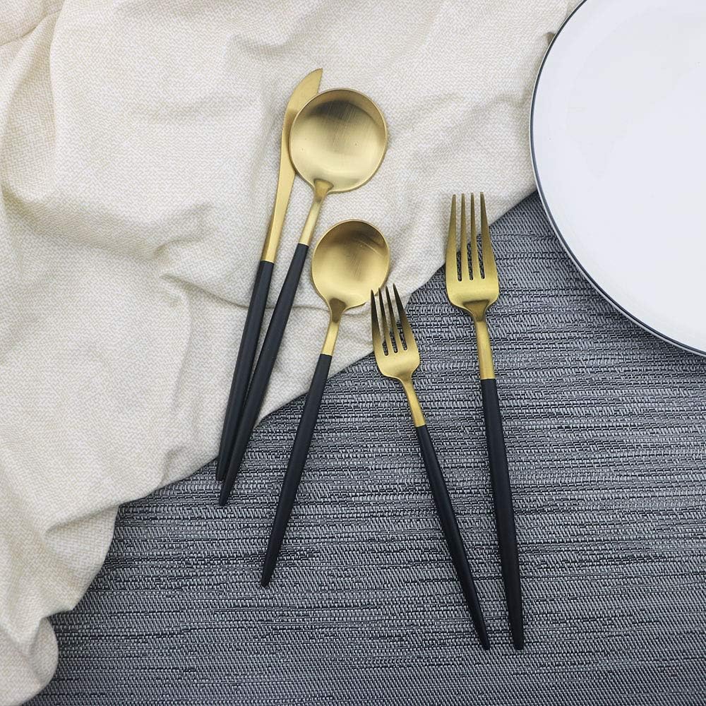 JASHII Luxury Black Gold Flatware, Silverware Sets, 5-piece Elegant Cute 18/10 Stainless Steel Silverware Set for Eating Home Kitchen Hotel Restaurant, Service Sets for 1 People, Dishwasher Safe