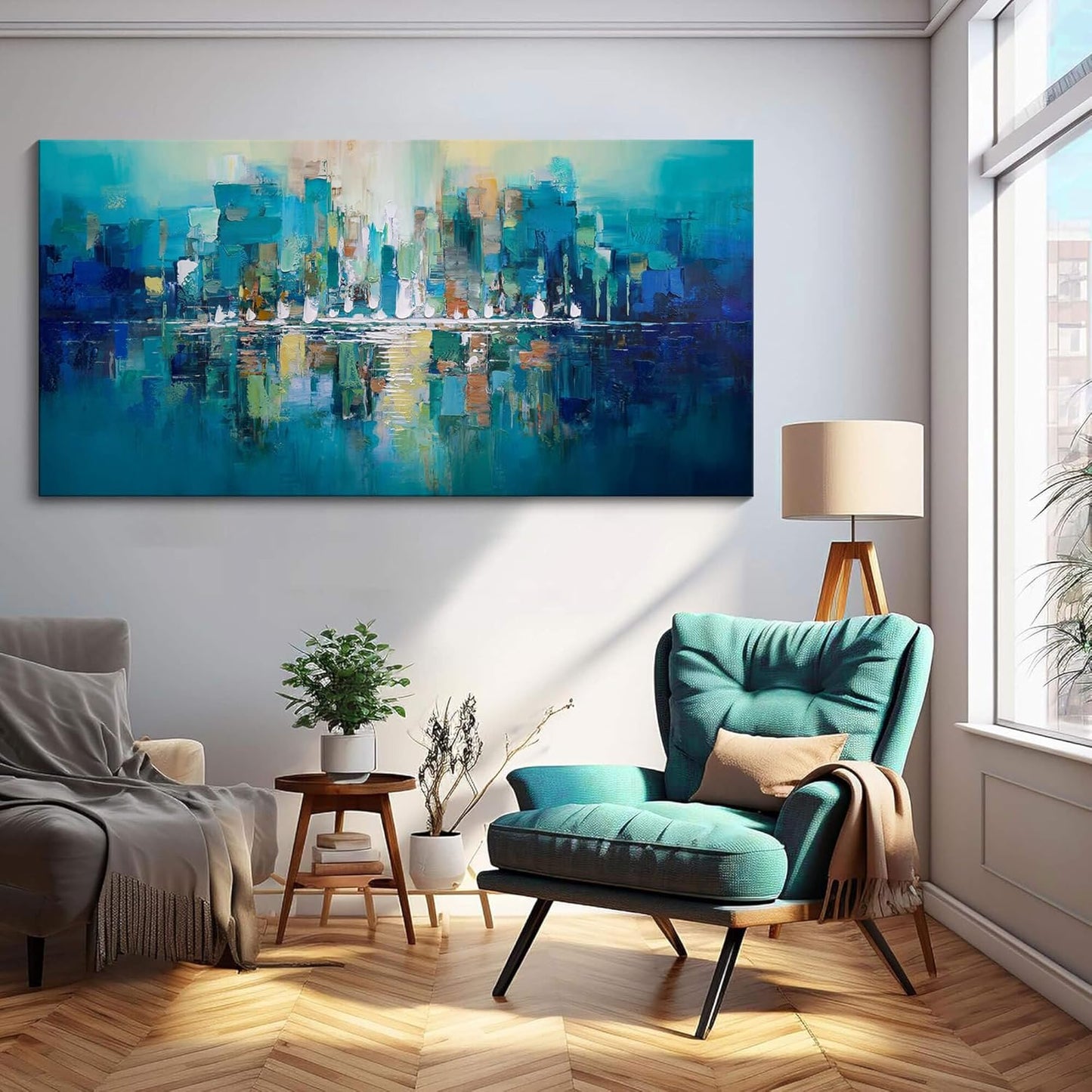 YDYSUNE Large Canvas Wall Art for Living Room - Abstract Wall Decor City View Framed Picture Artwork for Decorative Paintings Teal and White Modern Office Bedroom Art Size 29x58inch
