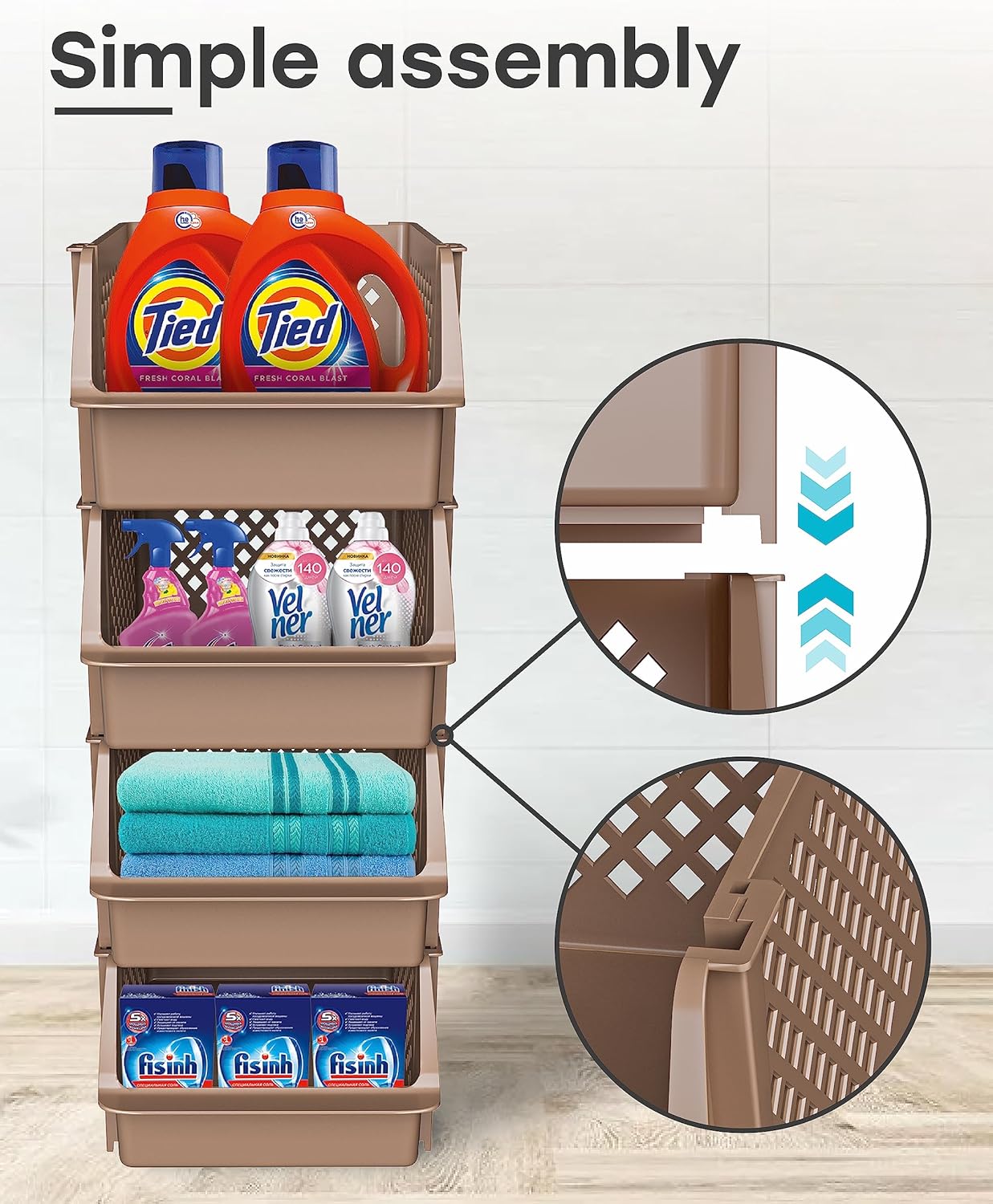 TidyFriend Stackable Storage Bins for Pantry - 4 Pack Medium Stackable Bins For Organizing Food, Kitchen, and Bathroom Essentials (Brown)