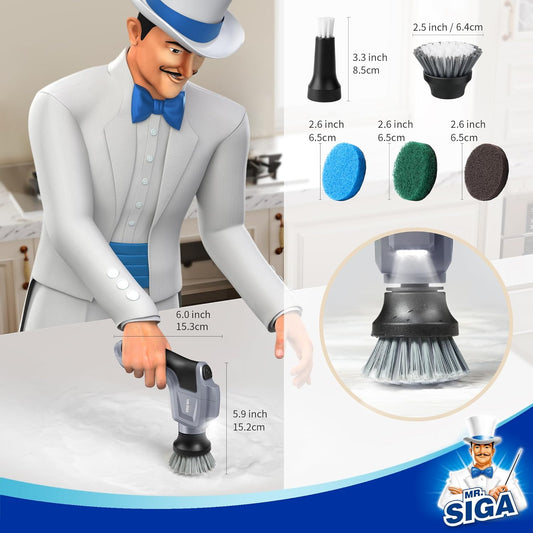 MR.SIGA Electric Spin Scrubber for Kitchen and Bathroom Cleaning, Waterproof Rechargeable Cordless Spin Scrubber with 5 Replaceable Cleaning Brushes and Pads