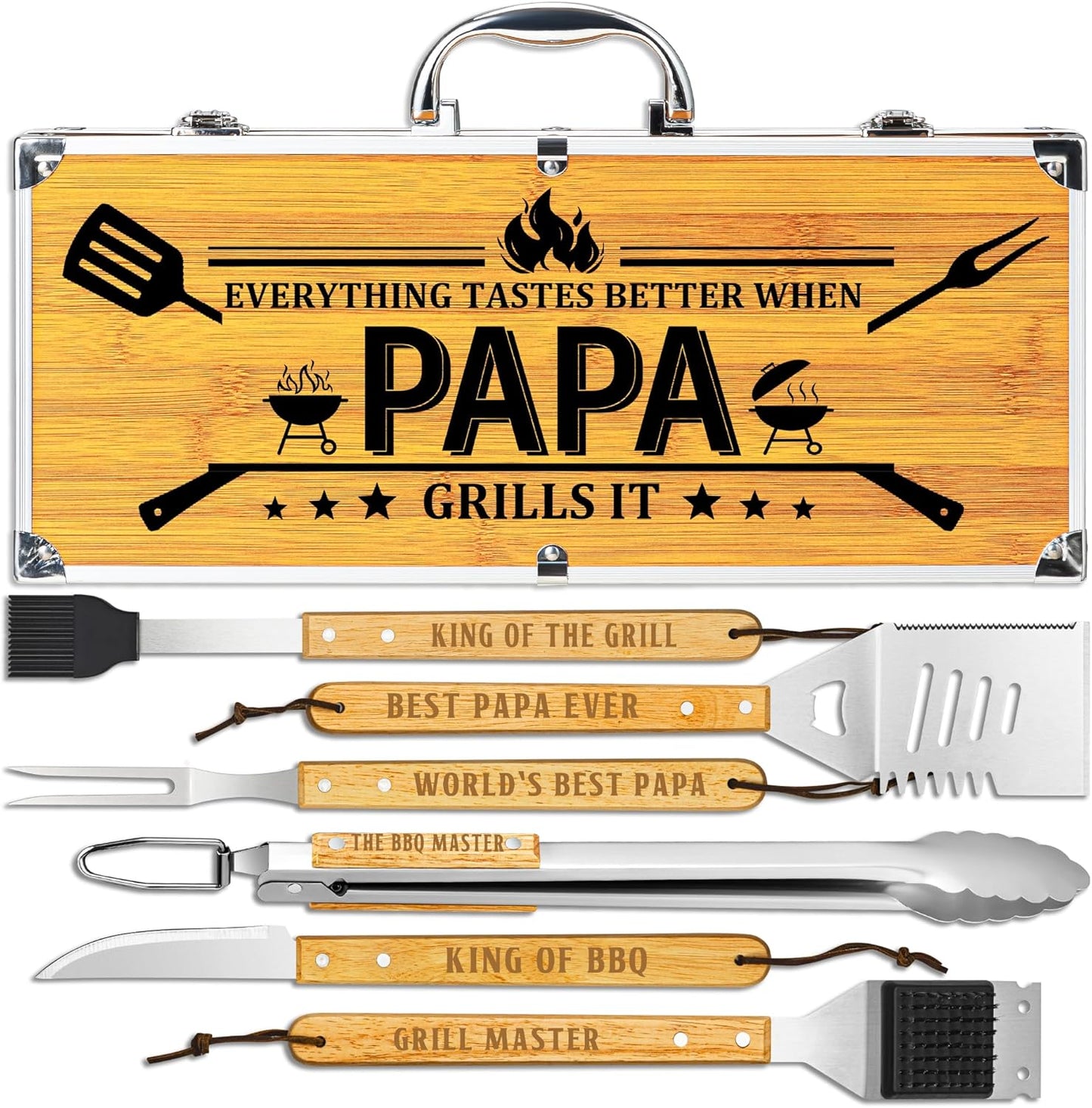 Papa Gifts from Grandkids, Papa Grilling Gift Heavy Duty Wooden BBQ Grilling Accessories Kit for Backyard, Thick Stainless Steel Grill Utensils with Non-Slip Handle Tools in Portable Bag on Christmas