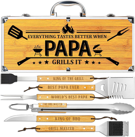 Papa Gifts from Grandkids, Papa Grilling Gift Heavy Duty Wooden BBQ Grilling Accessories Kit for Backyard, Thick Stainless Steel Grill Utensils with Non-Slip Handle Tools in Portable Bag on Christmas