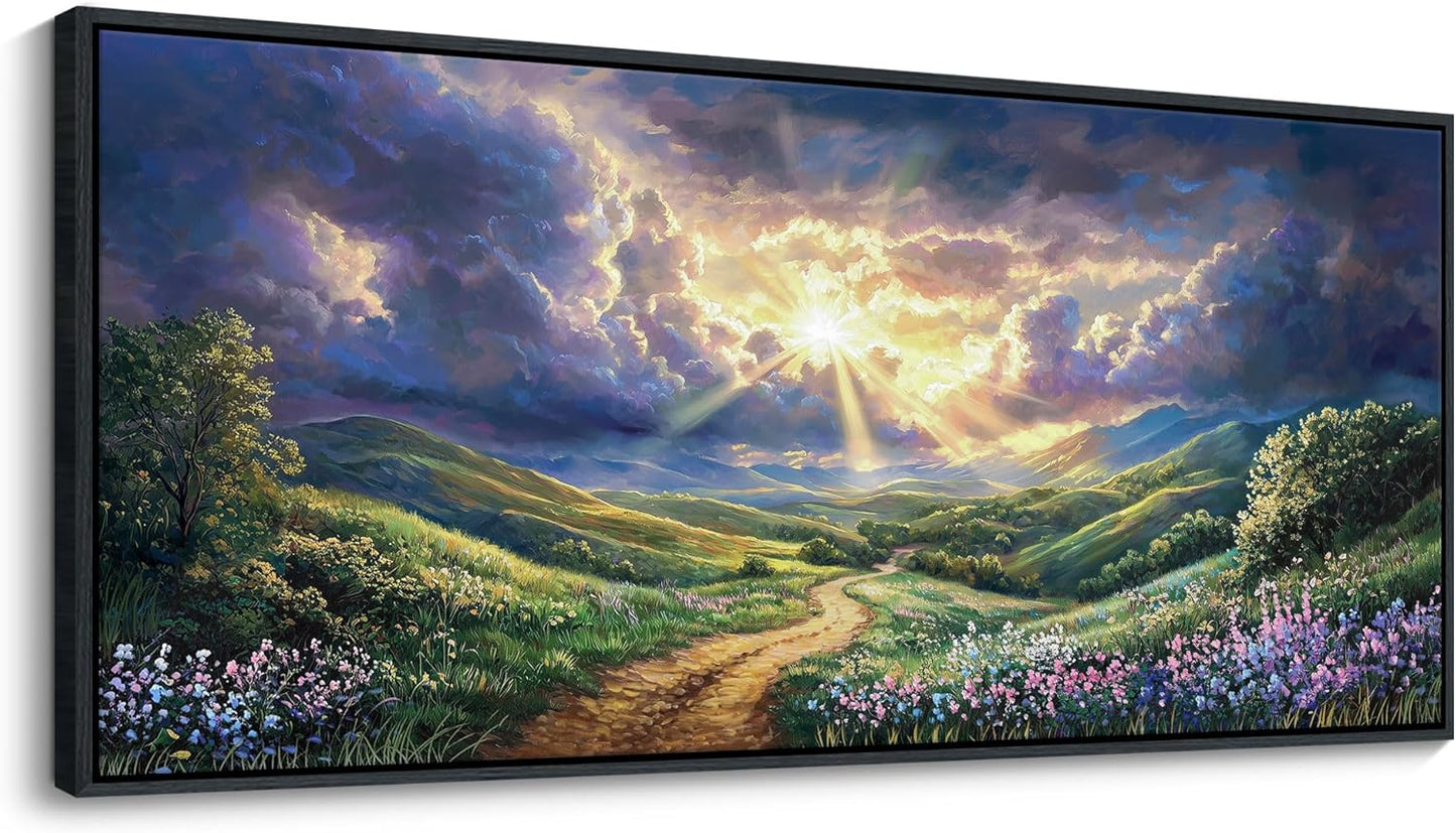 HKDGOKA Large Landscape Canvas Wall Art, Green Mountains Purple Clouds Flower Scenery Canvas Pictures Paintings Artwork for Living Room Bedroom Office Kitchen Home Wall Decor 32x71 IN