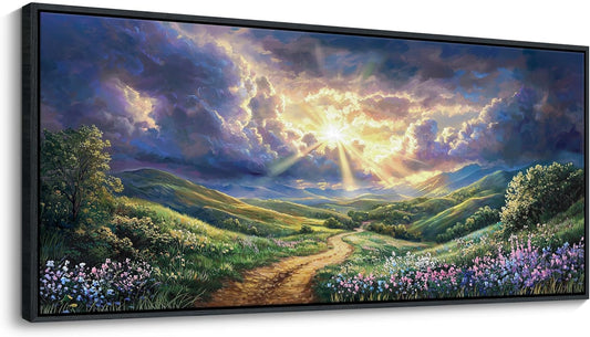 HKDGOKA Large Landscape Canvas Wall Art, Green Mountains Purple Clouds Flower Scenery Canvas Pictures Paintings Artwork for Living Room Bedroom Office Kitchen Home Wall Decor 32x71 IN