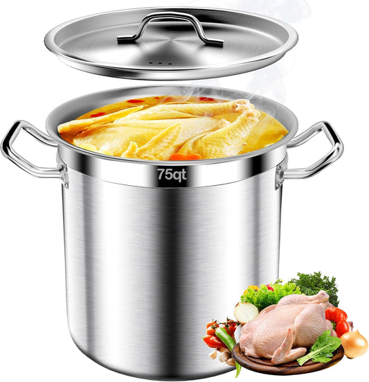 Commercial Grade Large Stock Pot - 75 QT Soup Pot with Lid - Non-Nickel Stainless Steel Stock Pots - Healthy Cookware Polished Stockpots - Heavy Duty Cooking Pots, Cookware Sauce Pots