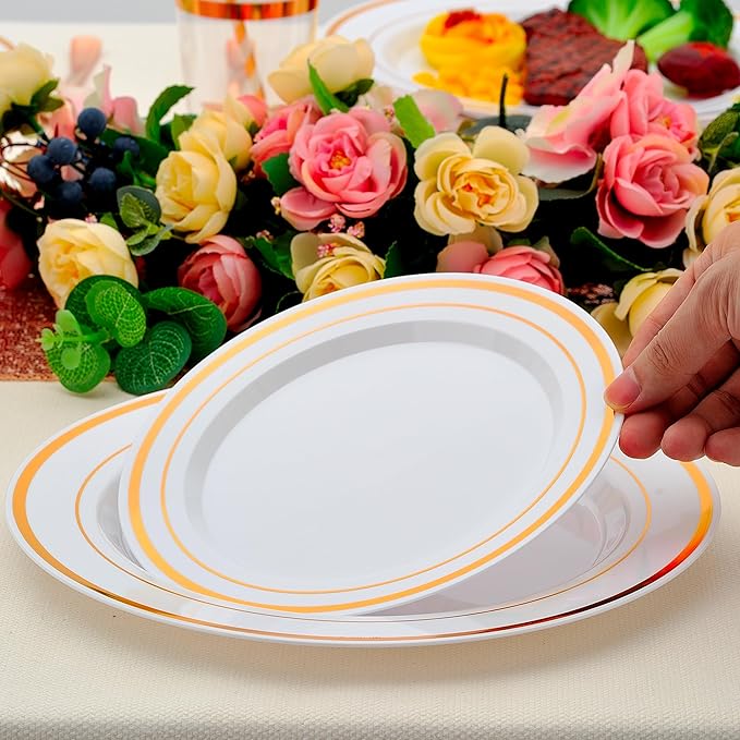 350PCS Rose Gold Plastic Plates for 50 Guests, Rose Gold Disposable Plates for Party Wedding-Dinnerware Set Include 50Dinner&Salad Plates, 50Silverware Set, 50Napkins, 50Cups
