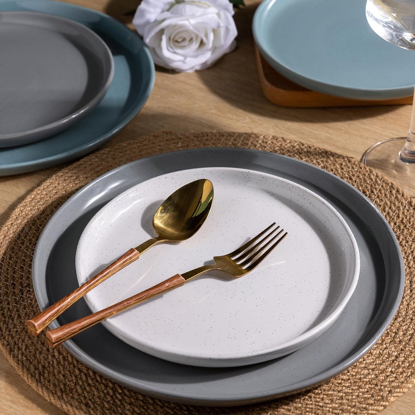 AmorArc Ceramic Dinnerware Sets for 4, 12 Pieces Handpainted Plates and Bowls Set with Rustic Terracotta Underside, Scratch Resistant Stoneware Dishes Set, Dishwasher & Microwave Safe, Multi-Color