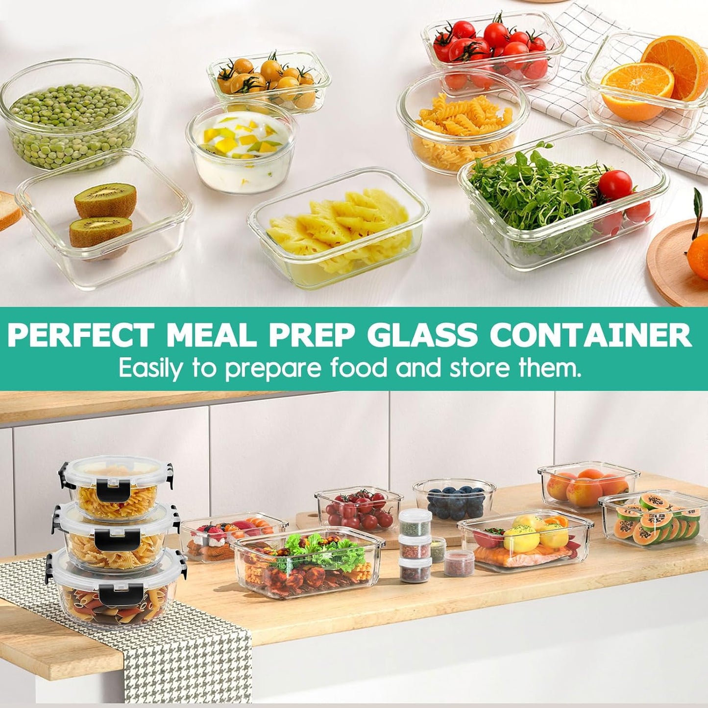 34pcs Glass Food Storage Containers with Lids Set, Airtight Glass Meal Prep Containers (17 Containers & 17 Lids), Leak Proof Lunch Container BPA-Free, Microwave, Oven, Freezer, Dishwasher Safe-Black