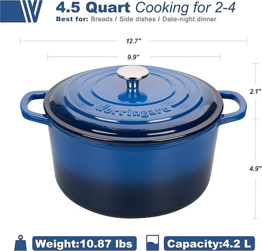 Enameled Cast Iron Dutch Oven Pot with Lid, for Sourdough Bread Baking, Round Dutch Ovens, 4.5 Quart, Blue