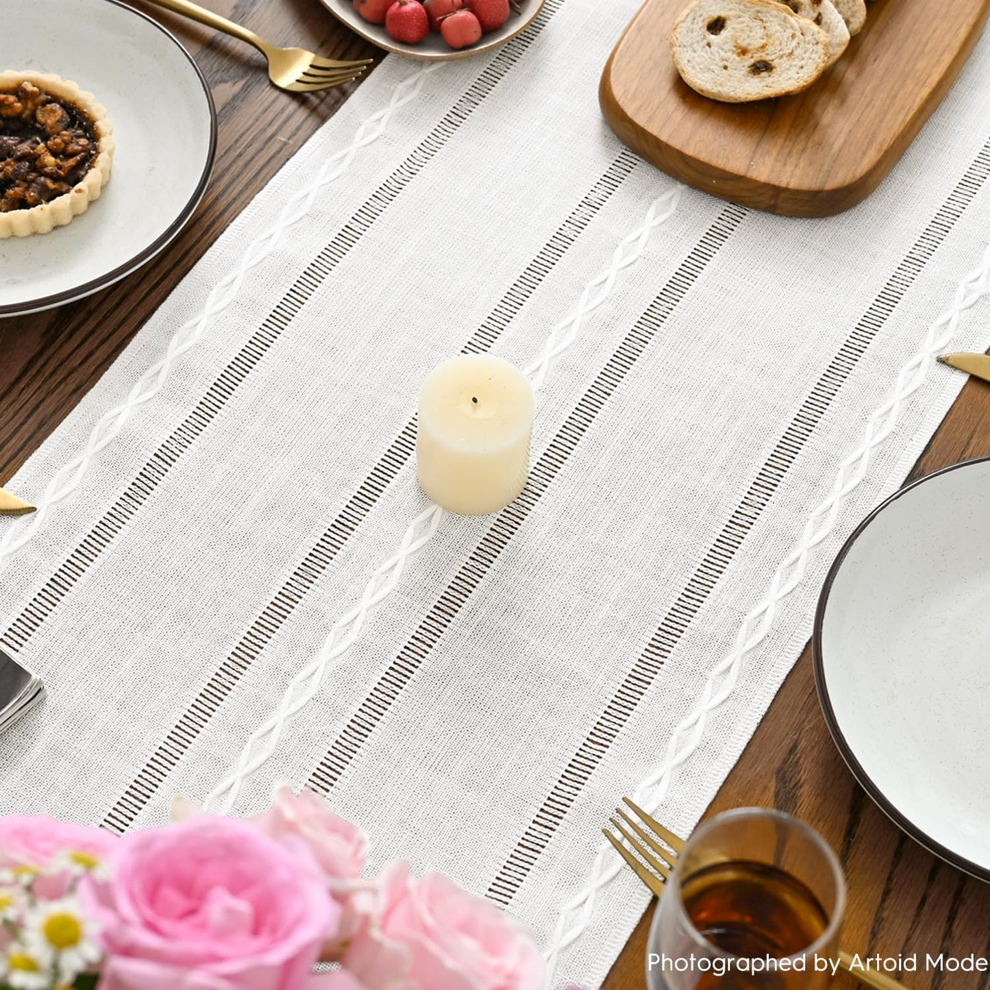Artoid Mode Rustic Cotton Linen Table Runner, Seasonal Embroidered Hollow Kitchen Dining Table Decoration for Home Party Decor 13x108 Inch