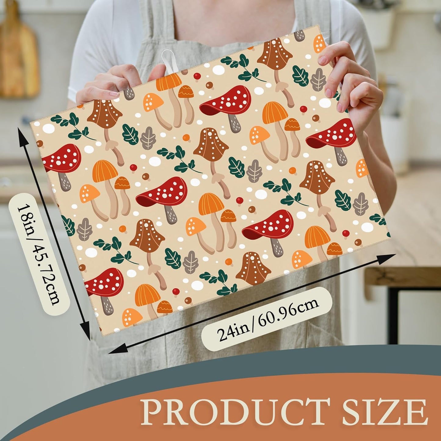 Funny Mushrooms Dish Drying Rack Mats Decor,Green Leaves Dish Pad Drying Mat Kitchen Counter 18x24 Inch Absorbent Reversible Microfiber for Coffee Bar Sink Countertop