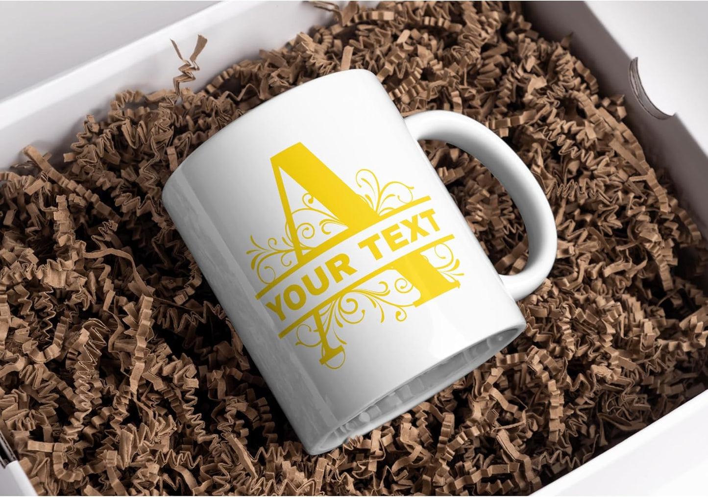 Customizable 11oz Coffee Mug - Sublimated Printed Mugs with Personalized Text, Names, and Initials. Perfect as Gifts for Men and Women for Birthdays (White Mug) (Monogram Yellow)