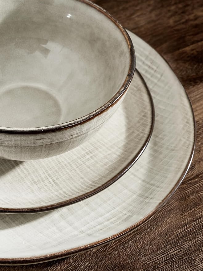 Famiware Moonlight Plates and Bowls Sets, 24 Pieces Stoneware Dinnerware Sets with Linen Finish, Dishware set for 8, Microwave and Dishwasher Safe, Chip and Scratch Resistant, Summer Sand