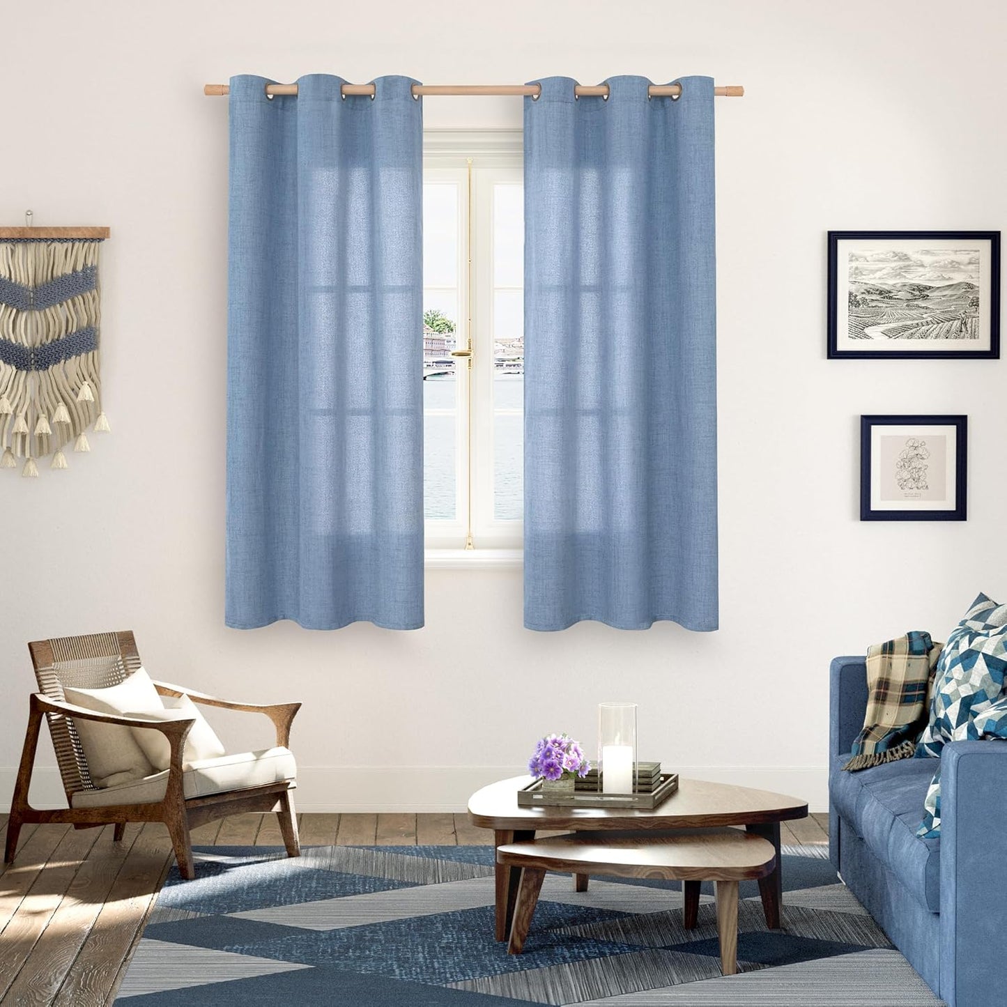YoungsTex Blue Linen Curtains 63 Inches Long 2 Panels for Window - Textured Short Light Filtering Drapes with Bronze Grommet for Living Room Bedroom Privacy Lightweight, 42 x 63 Inch
