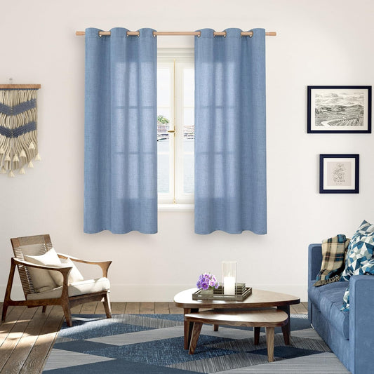 YoungsTex Blue Linen Curtains 63 Inches Long 2 Panels for Window - Textured Short Light Filtering Drapes with Bronze Grommet for Living Room Bedroom Privacy Lightweight, 42 x 63 Inch
