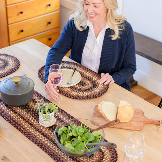 Homespice Prescott Jute Braided Table Runner, Warm Primitive Decor, Set of 2, Black and Red Oval 8x28 - Rich Colors, Easy to Clean, Durable and Protects Furniture