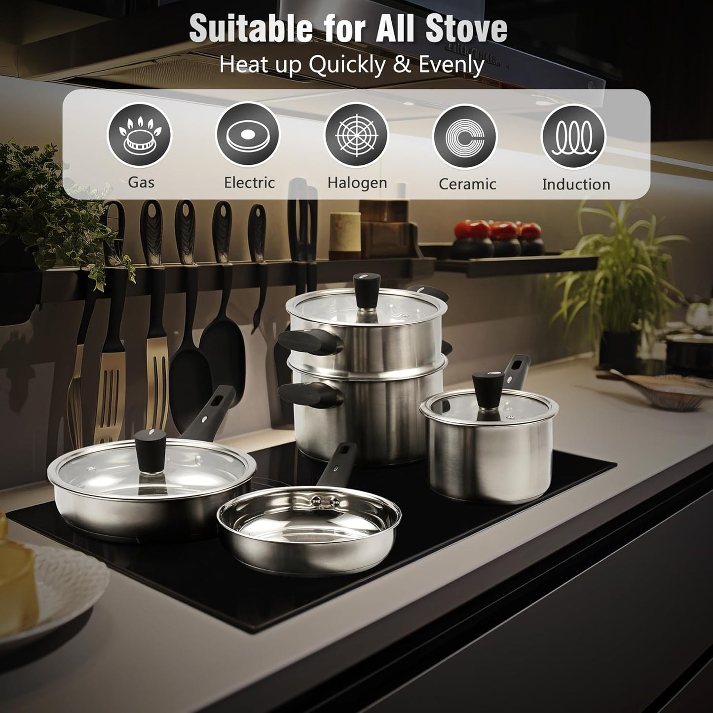 14Pcs Kitchen Pots and Pans Set, Stainless Steel Cookware Set Non Toxic, Induction Cooking Pot and Pan Set with Stay-Cool Handles, Healthy PFAS, PFOA, PFOS Free, Dishwasher Safe