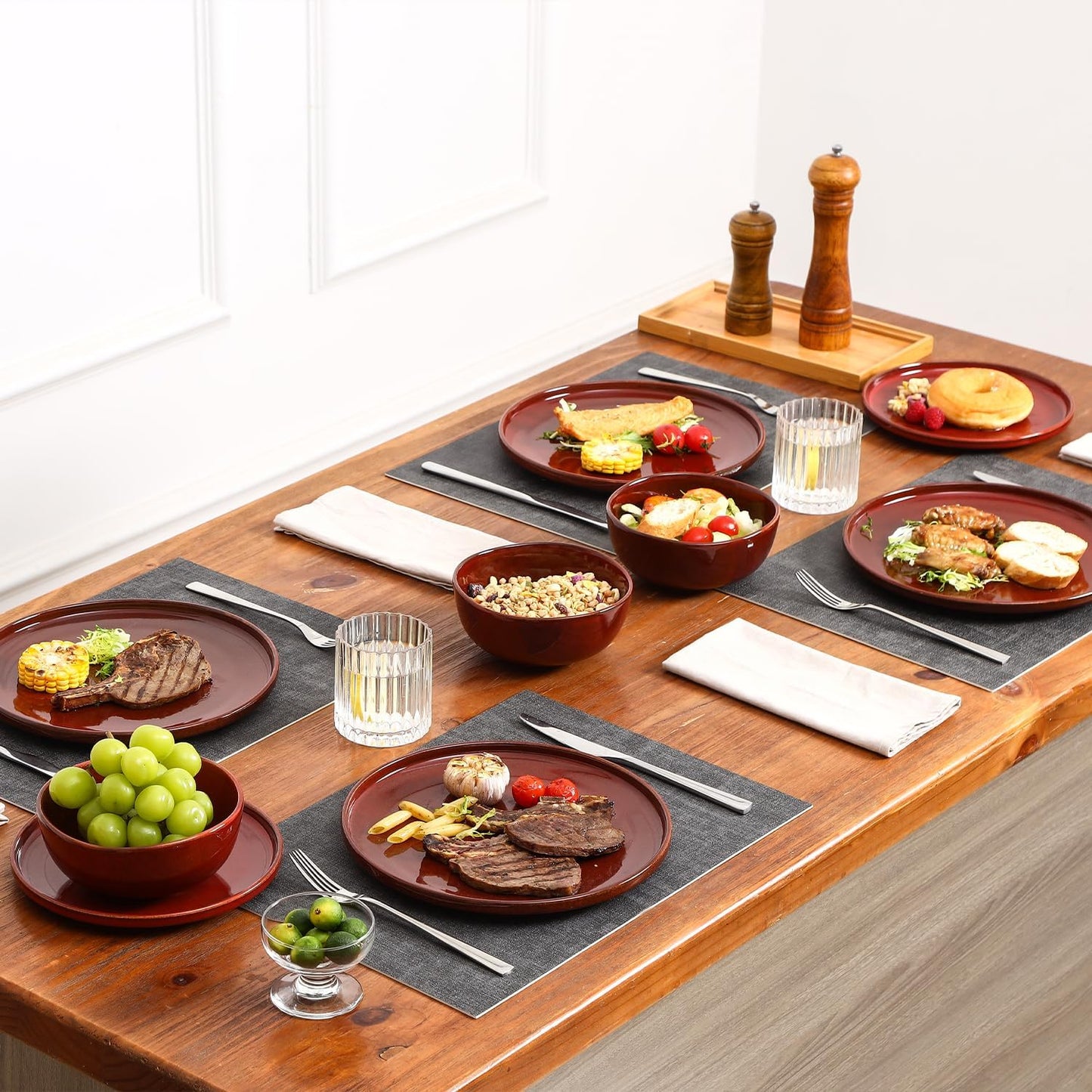 Vicrays Ceramic 12 Pieces Dinnerware Set - Dinner Plates Salad Plates Cereal Bowls Set Service for 4 - Scratch Resistant Microwave Oven Dishwasher Safe - Cherry Red