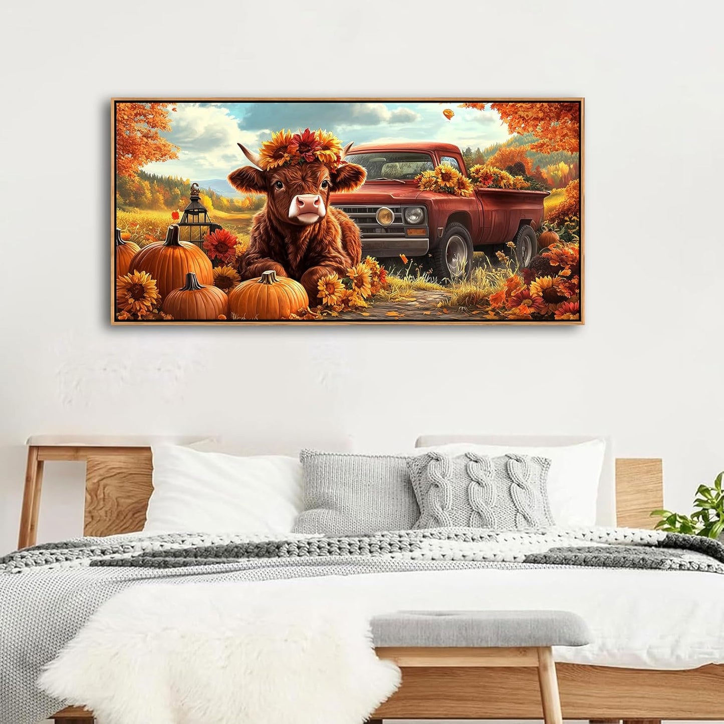 QZQCBLC Large Fall Wall Art - Orange Retro Farm Landscape Paintings Artwork Red Truck Cute Cow Pumpkins Sunflowers Rustic Autumn Canvas Picture for Living Room Bedroom Office Home Decor 24"X48"
