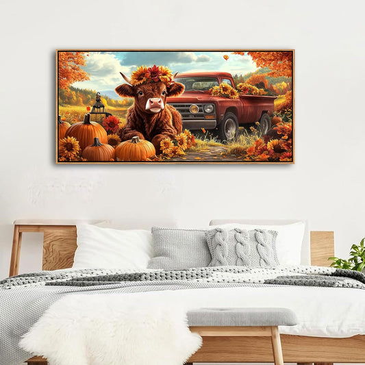 QZQCBLC Large Fall Wall Art - Orange Retro Farm Landscape Paintings Artwork Red Truck Cute Cow Pumpkins Sunflowers Rustic Autumn Canvas Picture for Living Room Bedroom Office Home Decor 24"X48"