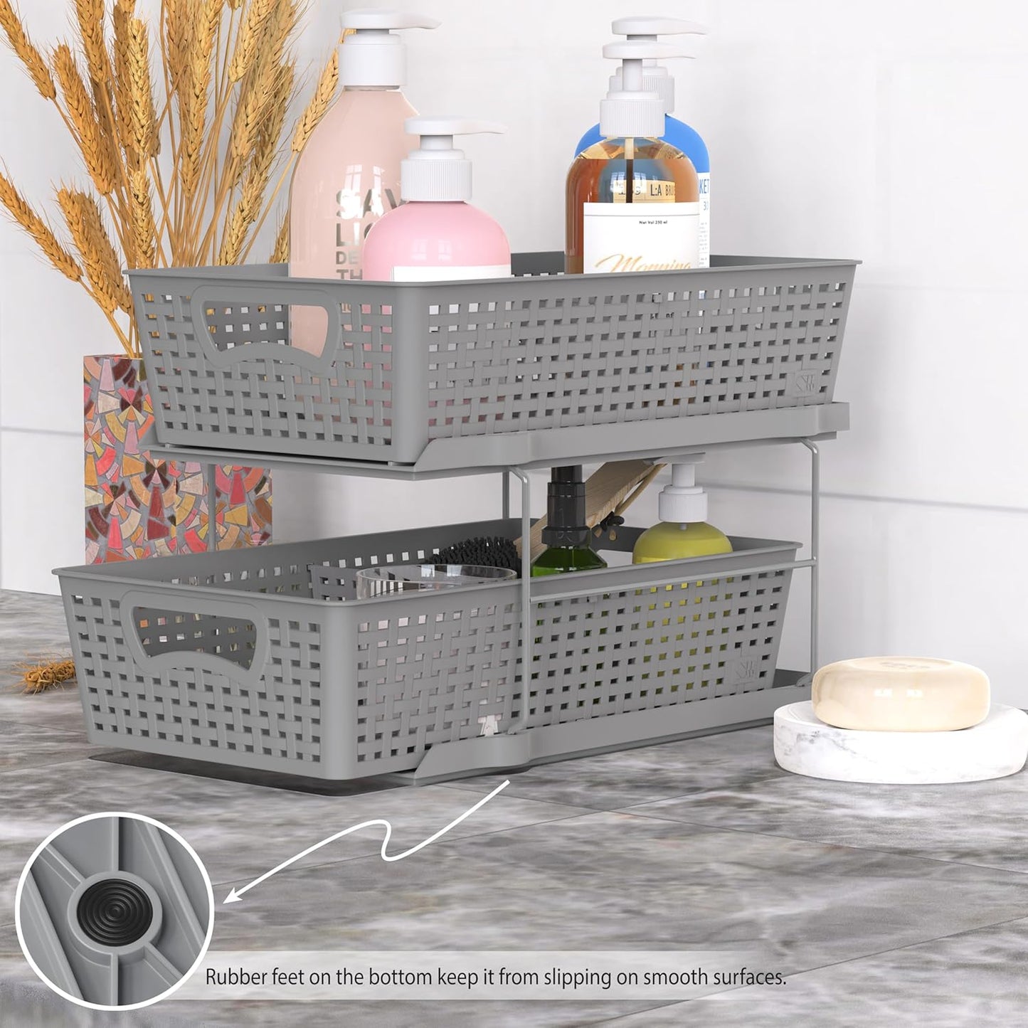 Simple Houseware 2 Tier Bathroom Organizer Tray Pull-Out Sliding Drawer/Under-Sink Storage, Grey