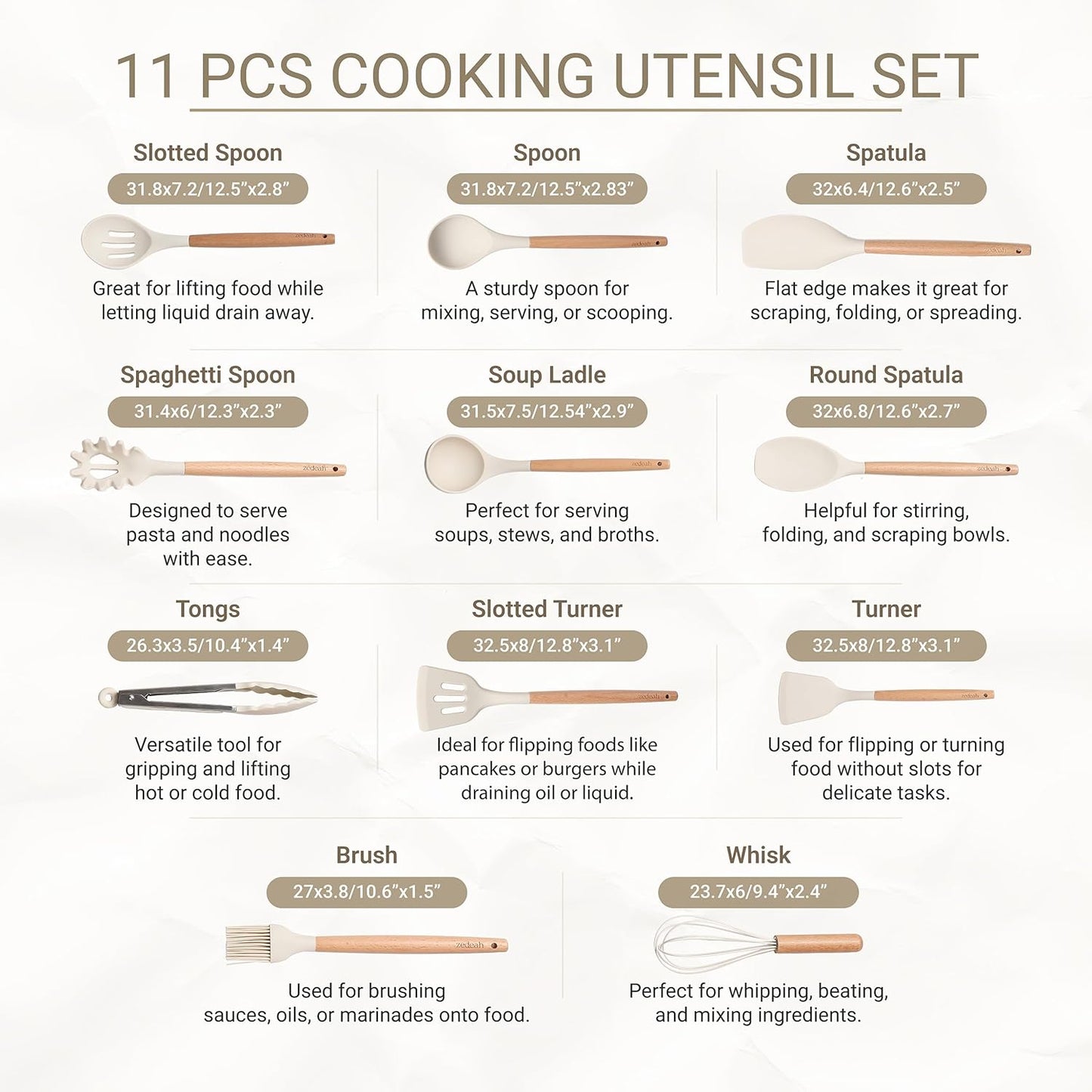 11-Piece Silicone Kitchen Utensil Set with Spatulas, Tongs, Whisk, Turner & Ladle – Heat Resistant, Non-Scratch Cooking Tools with Wooden Handles, Dishwasher Safe, BPA-Free (Beige)