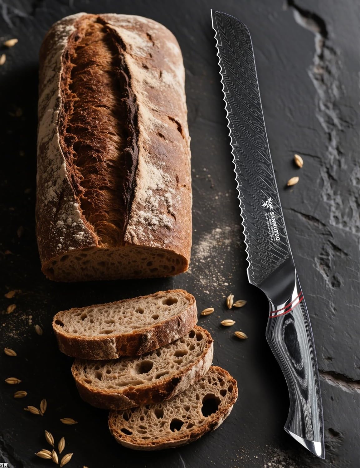 8 Inch Bread Knife Serrated Blade - Black Damascus Steel with Ergonomic Handle - MIAO Series