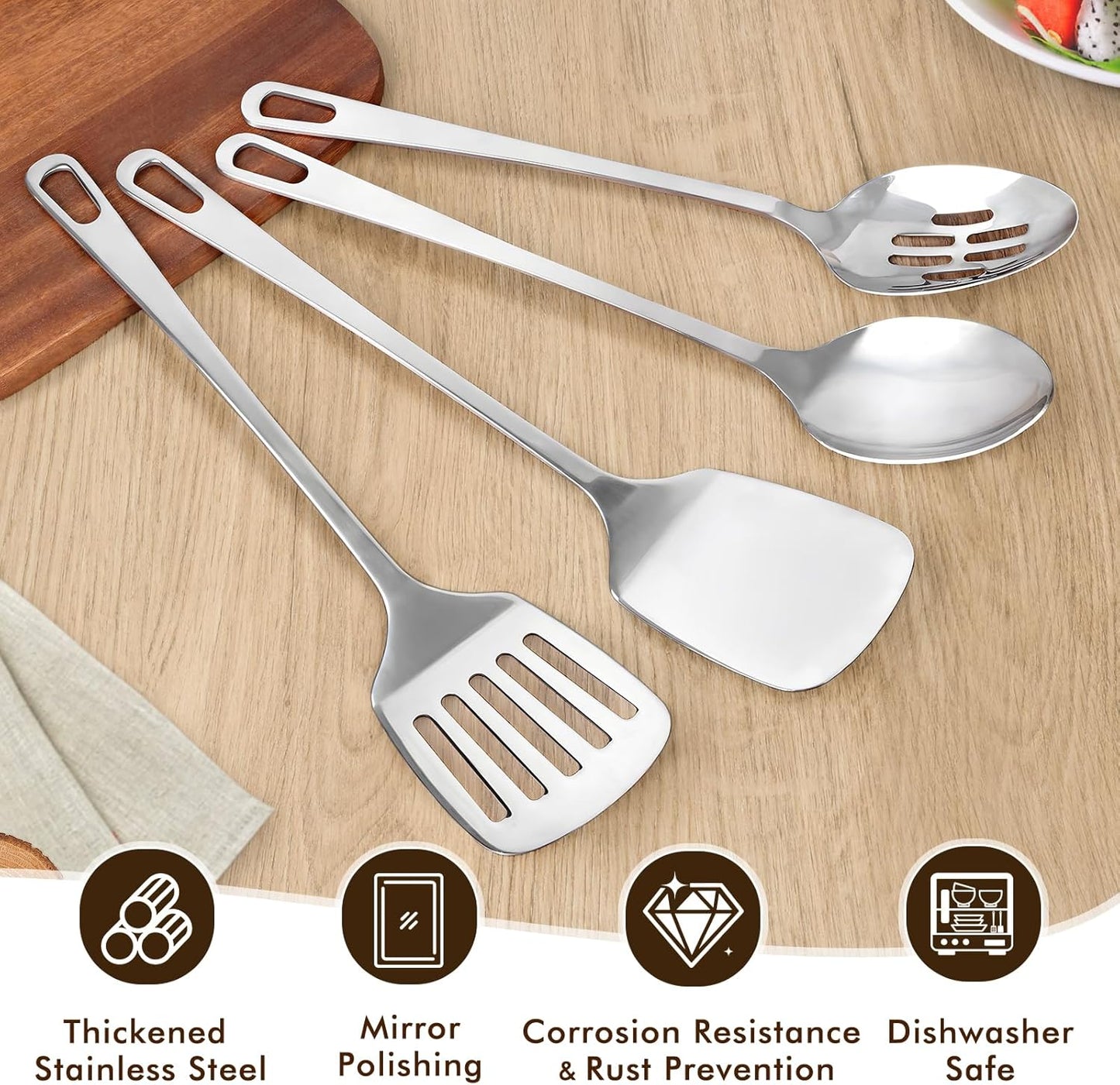 2 Pcs Spoons Cooking Utensils Set, Stainless Steel Kitchen Utensils, Heat Resistant Metal Kitchen Tools Include Solid & Slotted Serving Spoon, Ergonomic Handle, Dishwasher Safe, Easy to Clean, Silver