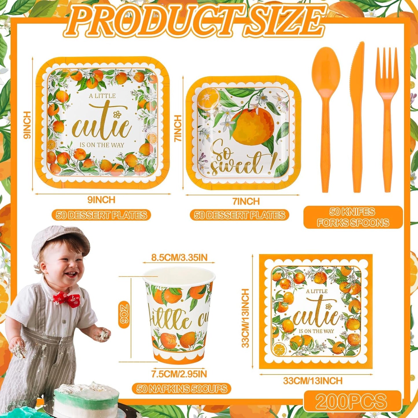 350 Pcs Paper Plates and Napkins Set Disposable Dinnerware Party Supplies Tableware Serve 50 Guest Cups Knife Forks Spoon(Orange,Little Cutie)