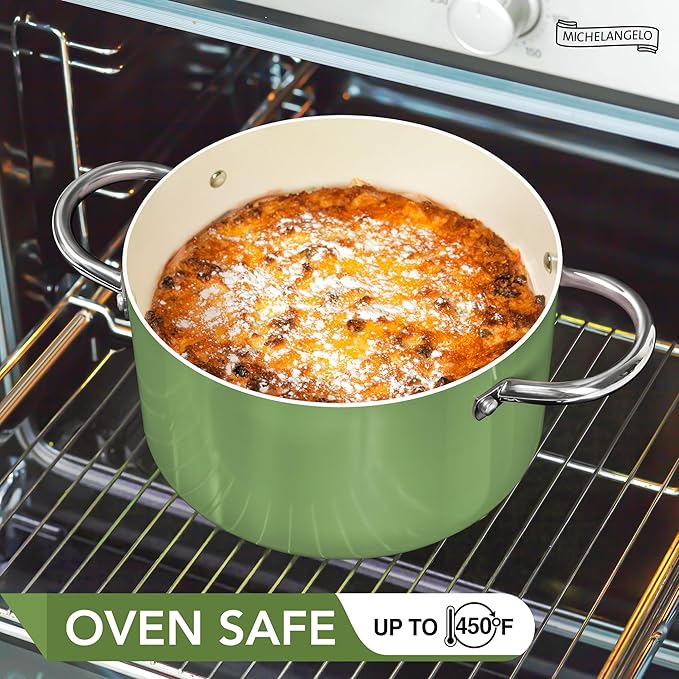 MICHELANGELO Stock Pot with Lid, 6 Quart Cooking Pot with Ceramic Coating, Nonstick Ceramic Soup Pot with Lid, Induction Compatible - 6QT Stockpot, Green