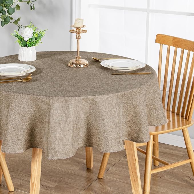 JIUZHEN Round Table Cloth Faux Linen Farmhouse Tablecloth Wrinkle and Stain Resistant Decorative Fabric Table Cover for Kitchen, Dining Room, Parties and Camping, Khaki, 120 Inch Round