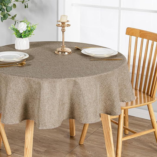 JIUZHEN Round Table Cloth Faux Linen Farmhouse Tablecloth Wrinkle & Stain Resistant Table Cover for Kitchen Dining, Holiday Party Dinner, Khaki, 60 Inch Round