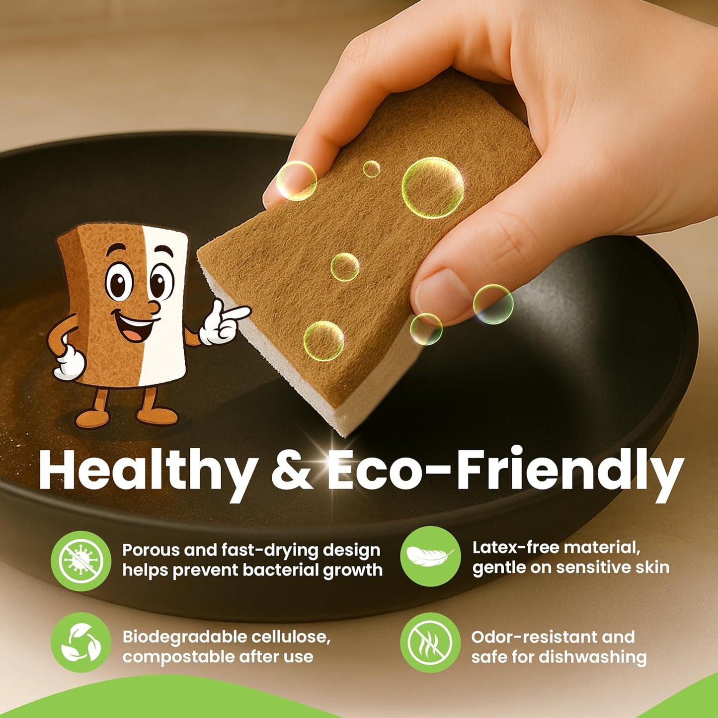 Natural Kitchen Sponges Pack of 12 - Biodegradable Compostable Cellulose & Coconut Scrubber Sponge with Non-Scratch - Long Lasting, Sponges for Dishes, Heavy Duty Dish Scrubber (Rectangular)