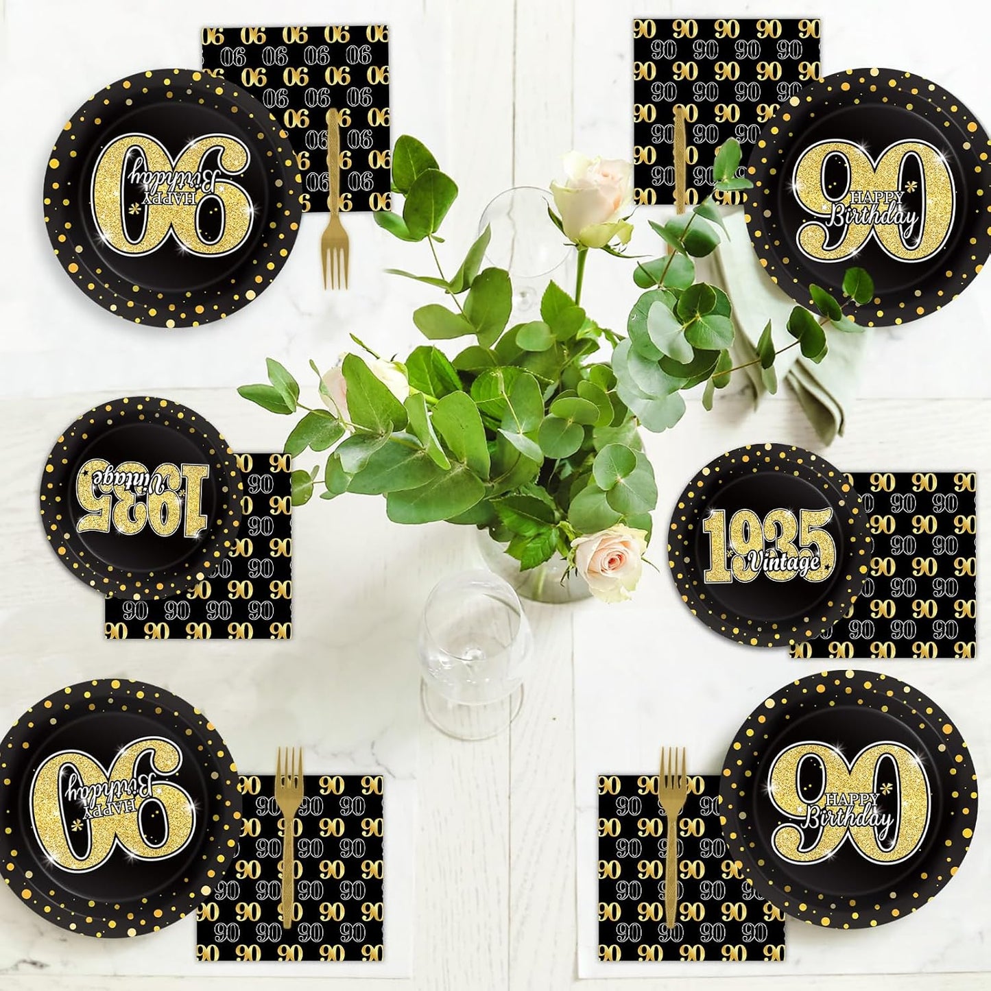 200PCS 90th Theme Birthday Party Tableware Vintage 1935 Party Supplies 90 year old Birthday Party Decorations Plates Napkins Forks Black and Gold Dinnerware Favors for Men or Women