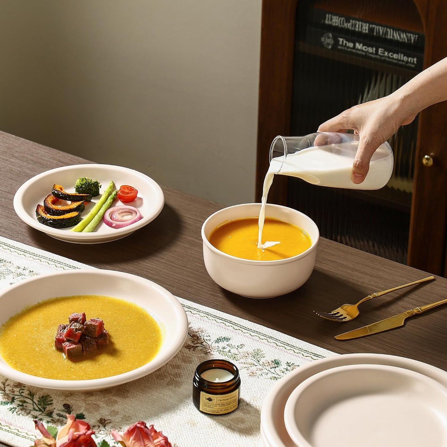 GZG Vintage Series - Ceramic Dinnerware Set for 8, 24 Pieces Stoneware Plates and Bowls Set, Lead-Free, Handcrafted Dishes Set, Microwave & Dishwasher Safe - Cream White