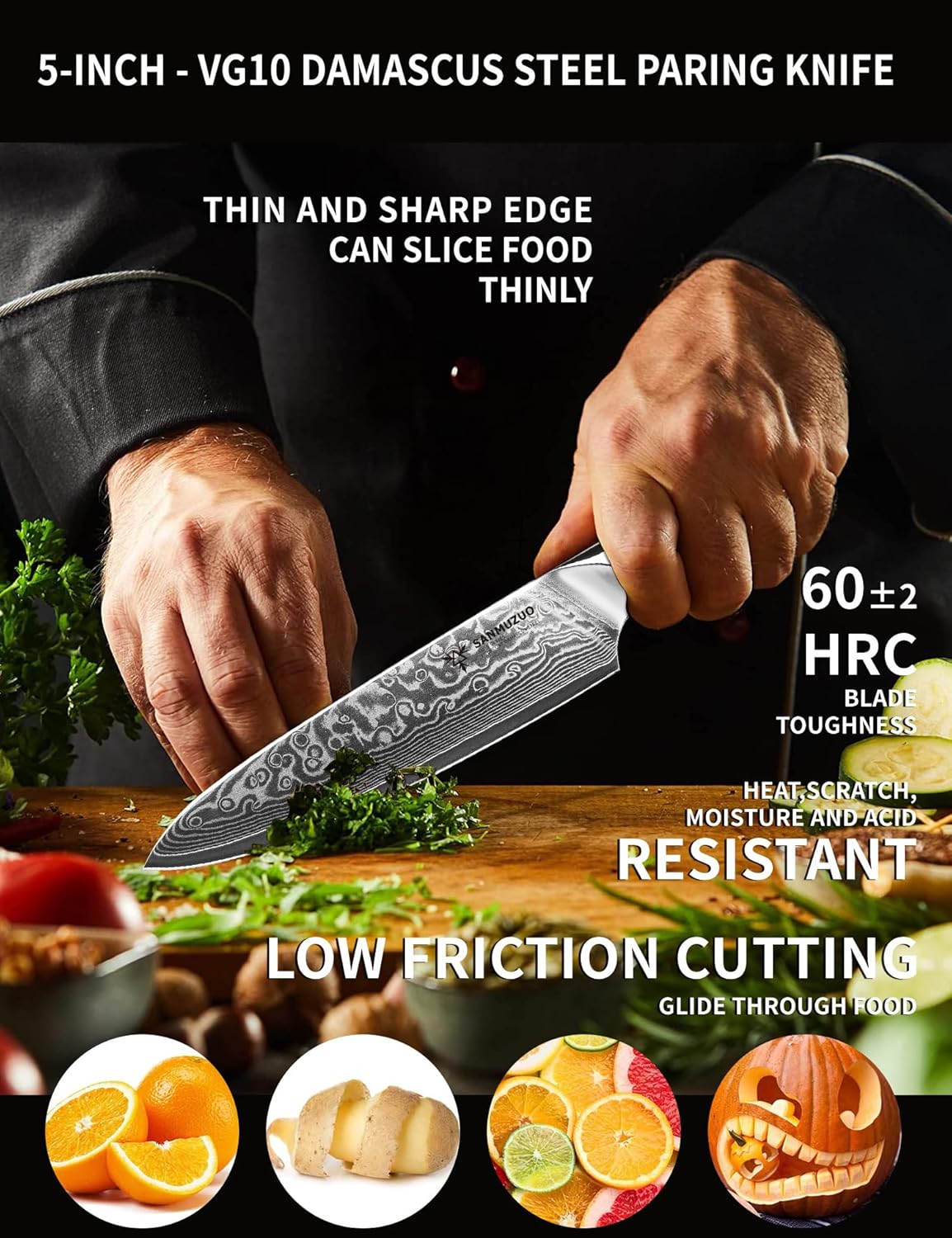 5 Inch Kitchen Utility Knife - Xuan Series Kitchen Knives - VG10 Damascus Steel with Resin Handle (Starry Black)