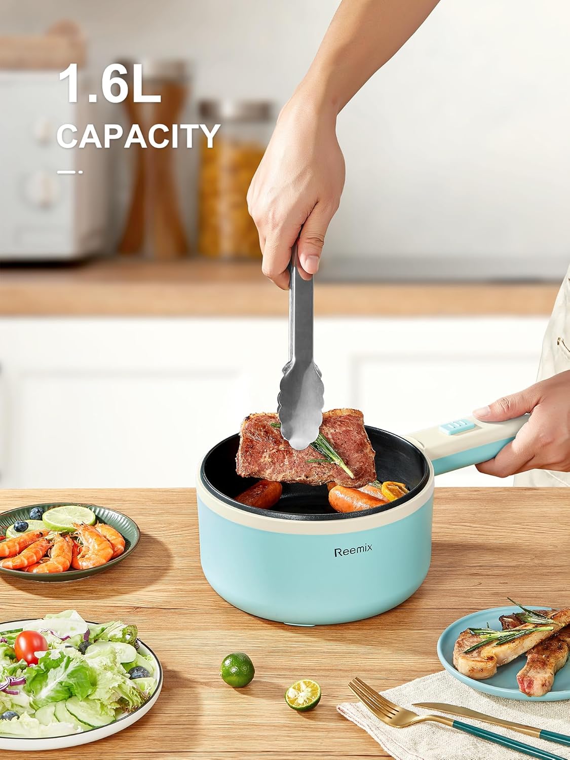 Hot Pot Electric With Steamer, 1.6L Ramen Cooker Non-Stick Sauté Pan for Steak, Egg, Fried Rice, Ramen, Oatmeal, Soup, Portable Personal Perfect Suit Dorm Room and Apartment (Aqua)