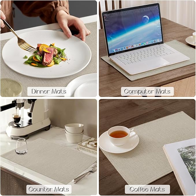 Romanstile Cloth Placemats Set of 4-12 x 18 Inch, Heat Resistant Double Layered Thickened Burlap Place Mats, Washable Faux Linen Farmhouse Table Mats for Kitchen/Dining/Party/Outdoor, Beige