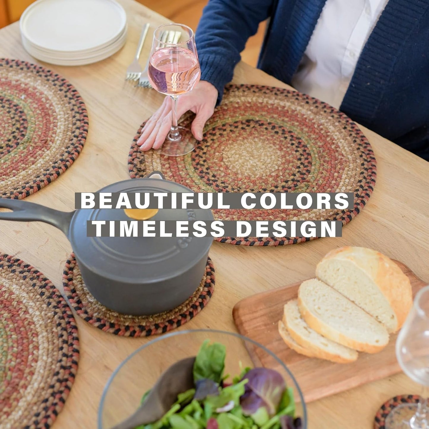 Homespice Gingerbread Premium Jute Braided Placemat Set of 4 Oval 10x15 Multi Color Reversible, Natural Jute Yarn Rustic, Country, Primitive, Farmhouse Style