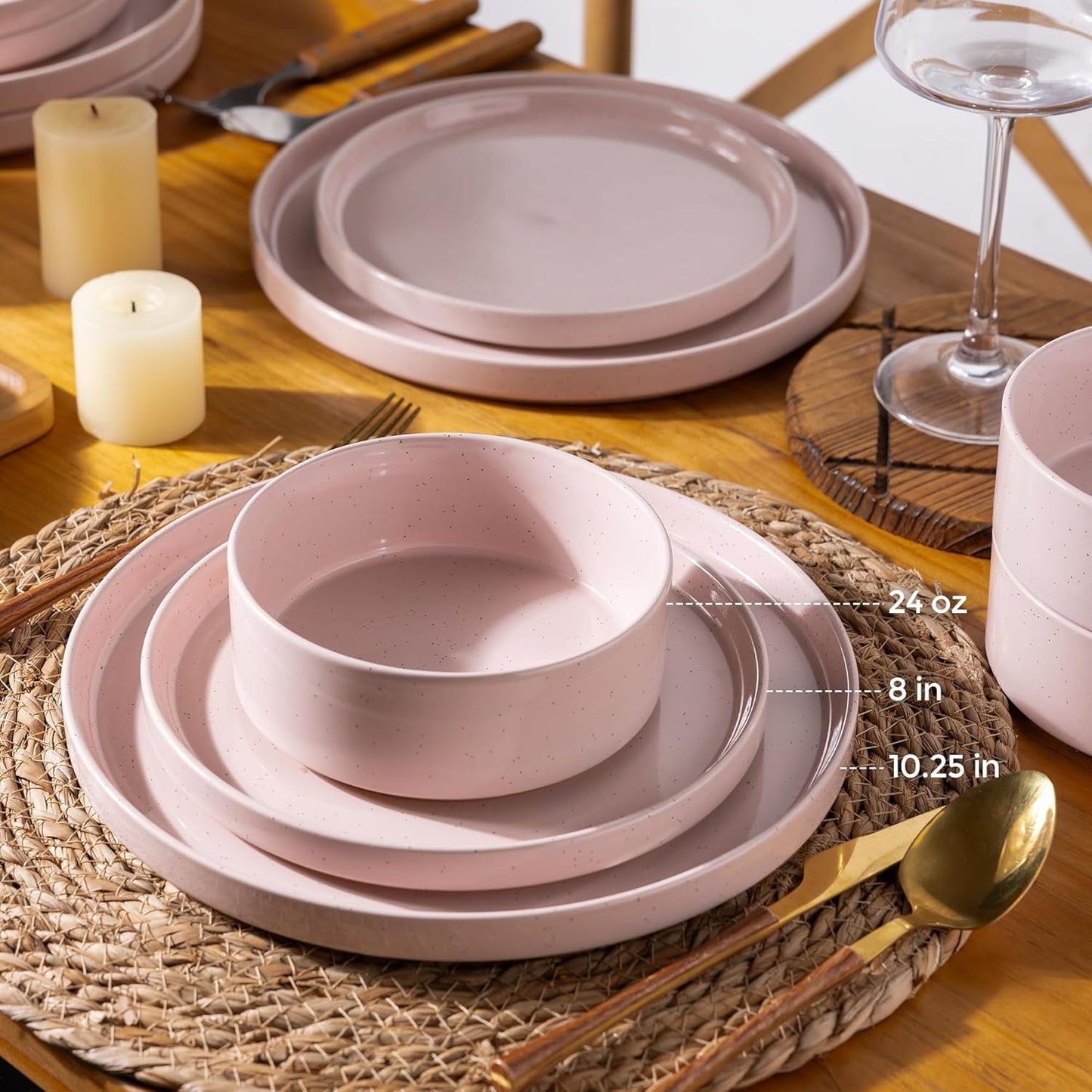 AmorArc Ceramic Dinnerware Set for 4 | Speckled Stoneware Plates and Bowls with unglazed terracotta | Scratch Resistant, Dishwasher & Microwave Safe Dishes Sets- 12-Pcs Pink