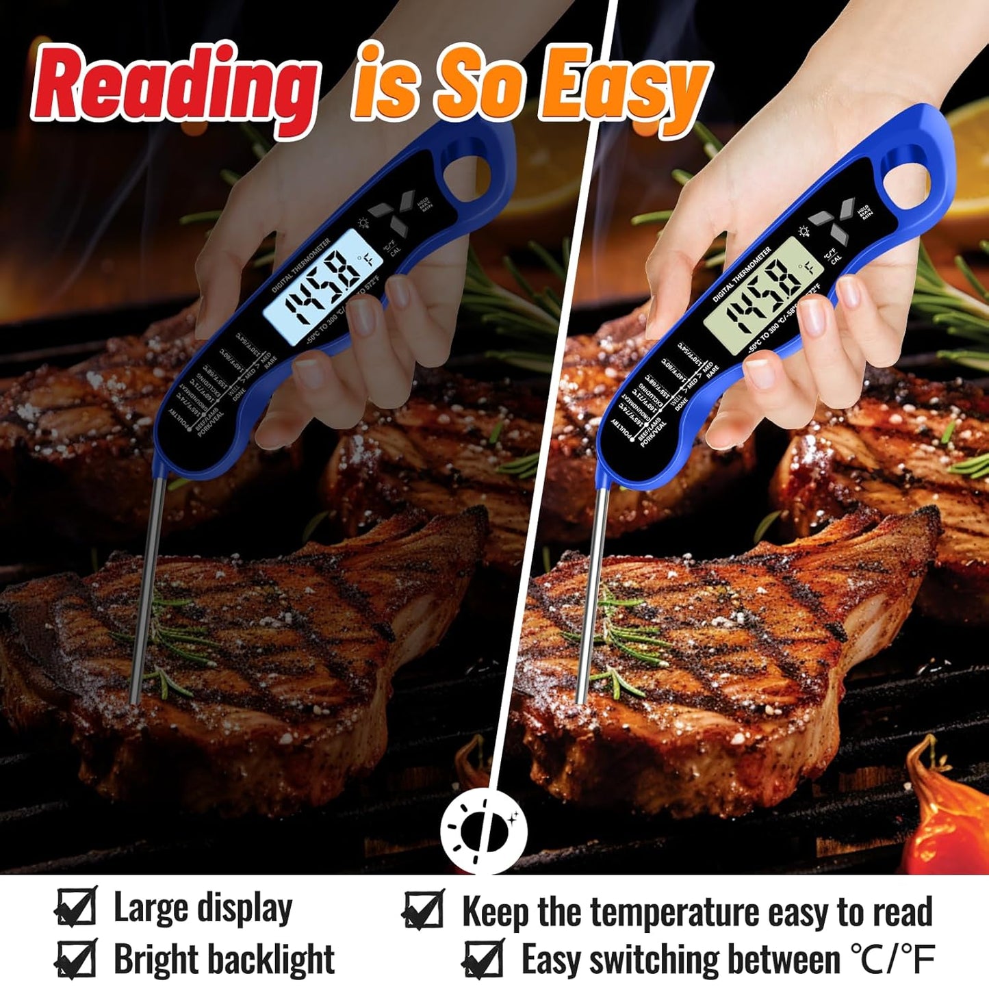 Meat Thermometer, IP67 Waterproof Digital Meat Thermometer with Backlight, Hold Function & Magnet for Grill, BBQ, Candy, Beef,Turkey，Gadgets Essentials BBQ Accessories,Mens Stocking Stuffers
