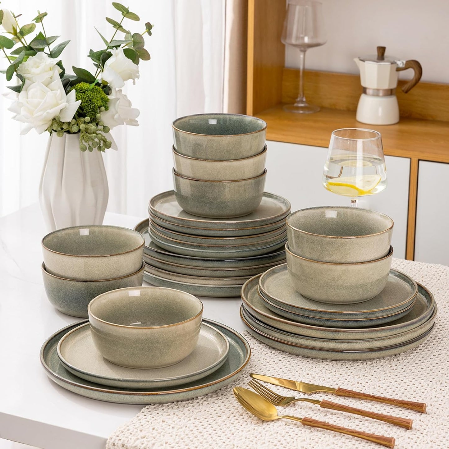 AmorArc Stoneware Dinnerware Sets,Round Reactive Glaze Ceramic Plates and Bowls Sets,Highly Scratch Resistant | Dishwasher & Microwave Safe,Service for 8 Dishes Set (24pc)