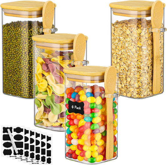 Glass Jars with Bamboo Lids and Spoons - 4 Pack 23 Fl.oz Square Glass Pantry Jars with Airtight Lid, Includes Labels and Marker, Loose Leaf Tea Storage Container for Sugar, Coffee, Oats, Candy